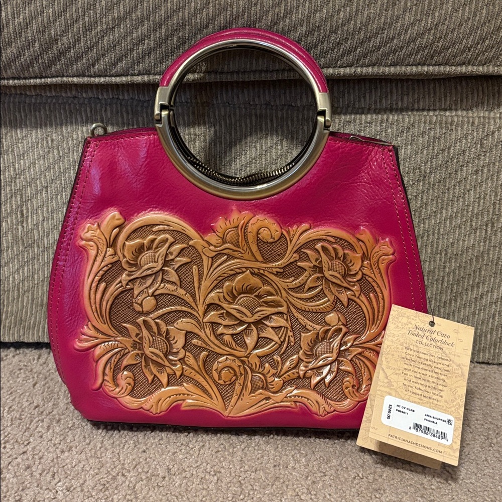 NWT-Patricia Nash-Aria Shopper-Natural Cavo Tooled Colorblock-Fuchsia -$249